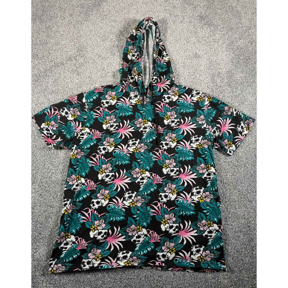 WXYZ Shirt Mens Sz M Hooded Tropical Skater Goth Skull Floral Grunge Streetwear